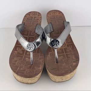 TORY BURCH Thora Metallic Silver Patent Cork Wedge